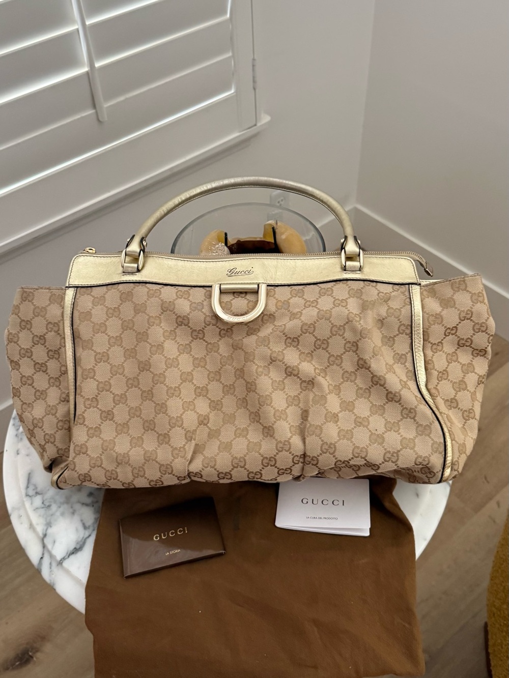 Gucci D-Ring Tote in GG Canvas with Gold Metallic Leather Trim - Picture 2 of 10